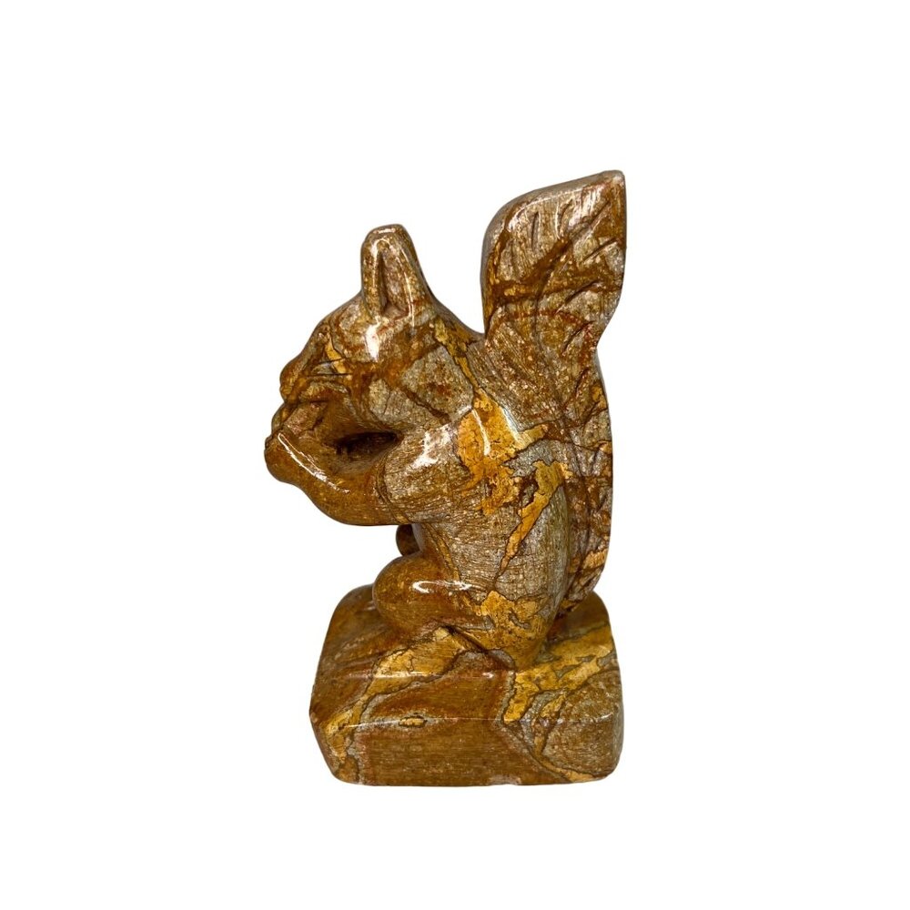 Hand-Carved Soapstone Squirrel Eating Nut Figurine Gold Brown